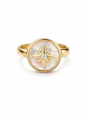 Starburst Mother-of-Pearl Ring Crystal 14K Gold Plated Rhodium North Star Ring
